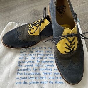 John Fluevog tri-colour (yellow, grey, blue) suede shoes